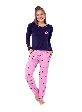 PIJAMA LONGO FEMININO PODIUN 225171 VISCOLYCRA DECOTE CARECA ESTAMPADO ESTRELAS T. P/GG