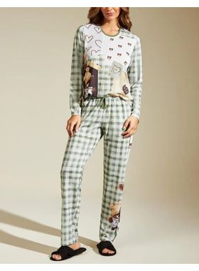 Pijama Longo Recco 17006 Feminino  Urso Xadrez  PoliésterT. 42/46.
