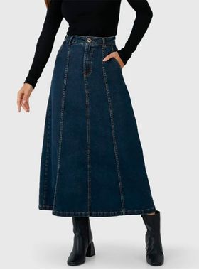 Saia Midi Jeans Malwee 1000131748 Feminina Cintura Alta Evasê T. 38/48