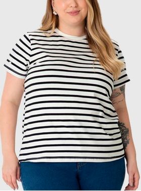 Blusa Manga Curta Malwee 1000128685 Feminina Plus Size Listrada Meia Malha T. G1/G3
