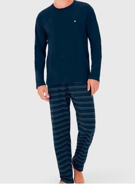 Pijama Longo Malwee 1000126786 Masculino Listrado Meia Malha Algodão T. M/GG