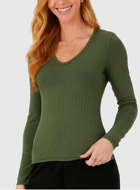 Blusa Manga Longa Malwee 1000121239 Feminina Decote V Canelada Viscose T. M/GG
