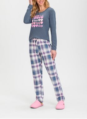 Pijama Longo Mensageira Da Paz 034150 Feminino Lazy Days Xadrez Meia Malha T. M/GG