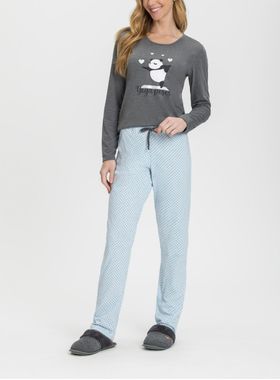 Pijama Longo Mensageira Da Paz 034159 Feminino Yoga Poses Poá Meia Malha T. M/GG