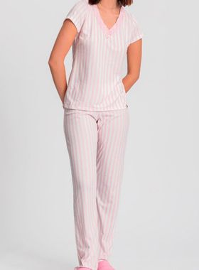 Pijama Longo Mensageiro Dos Sonhos 0141424 Feminino Listras Renda e Malha T. P/GG