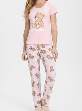 Pijama Longo Mensageira Da Paz 034162 Feminino Ursos Meia Malha T. P/GG