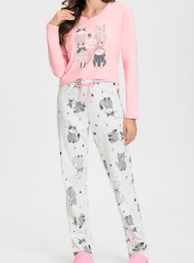 Pijama Longo Mensageira Da Paz 034148 Feminino Hello Cats Algodão T. M/GG