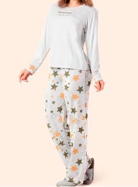 Pijama Longo Samara 2827 Feminino Estrelas Meia Malha T. M/GG