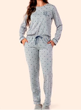 Pijama Longo Samara 2833 Feminino Poá Com Bolsos Algodão T. M/GG