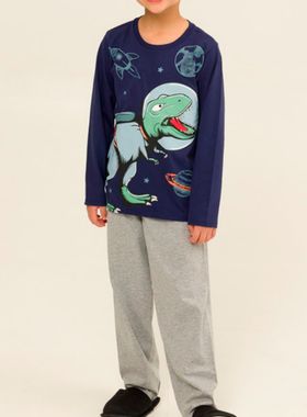 Pijama Longo Borth 27.01.0068 Infantil Dino Astronauta Meia Malha T. 04/08