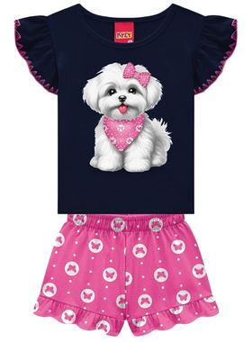 Conjunto Curto Kyly 1001256 Infantil Menina Estampa Com Strass Meia Malha T. 02/03